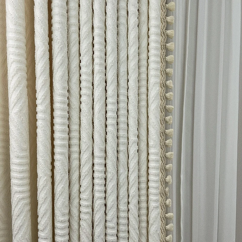 2023新款现代简约法式轻奢奶油色日式肌理定制米白色流苏花边窗帘