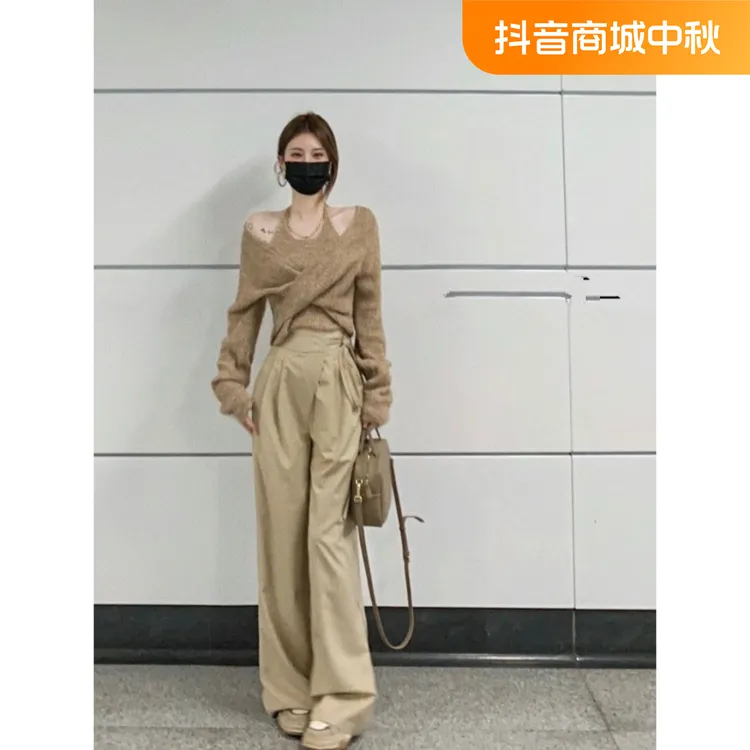 秋季小香风气质轻熟名媛御姐茶系穿搭针织长袖上衣阔腿裤两件套装