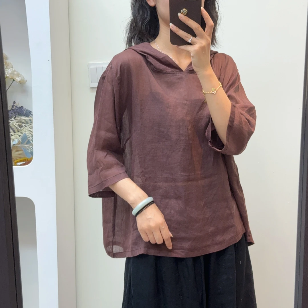【羽翎】夏季新款苎麻连帽清凉休闲女士防晒衬衫 6111