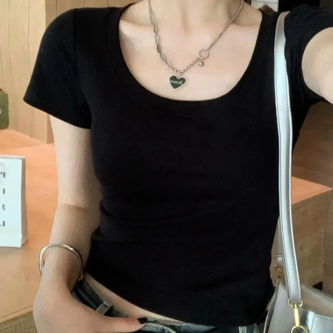 2026夏季纯蓝色新款U领洋气百搭修身显瘦韩版短袖T恤女纯欲上衣