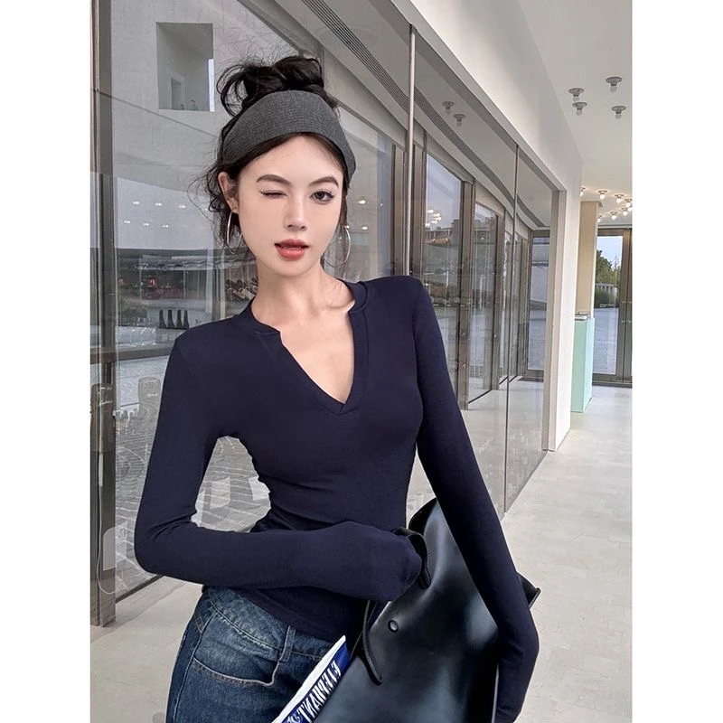 2025气质弹力辣妹心机设计感打底衫长袖百搭修身显瘦内搭纯欲9965