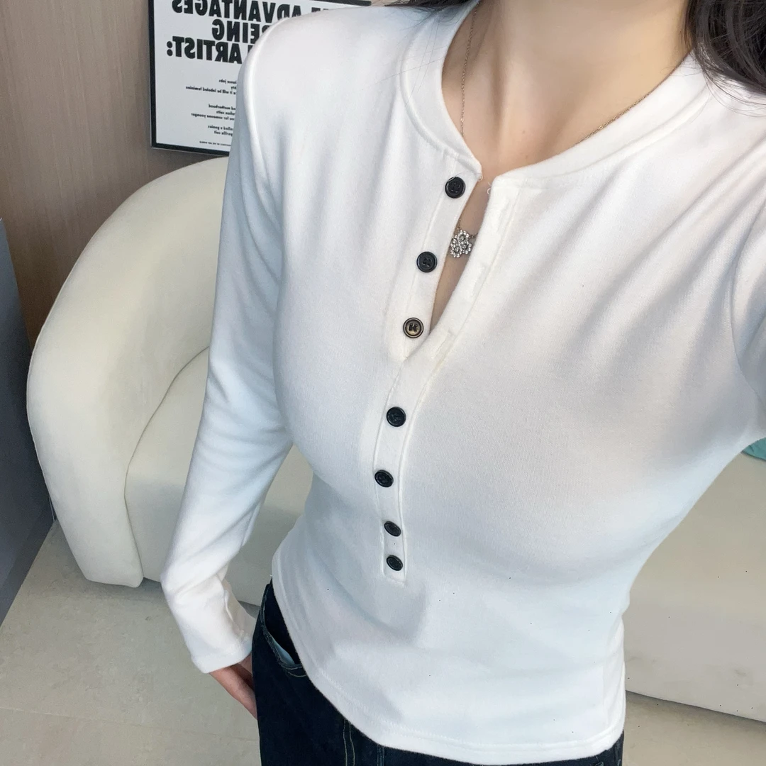 美式辣妹秋冬加绒心机半开领长袖T恤修身纯欲显瘦上衣内搭打底衫。