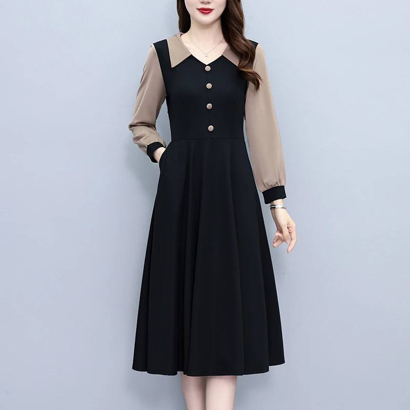 网红气质修身显瘦撞色大码女装胖mm春秋新款长袖时尚洋气连衣裙子