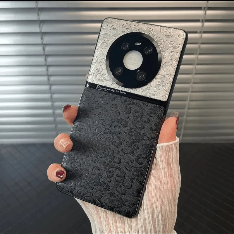 适用华为mate40e手机壳电镀素皮双拼龙纹mate40pro全包保护套防摔