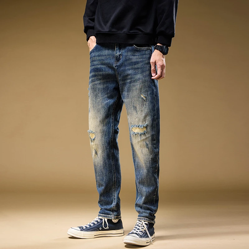潮牌美式牛仔裤男款2025秋季新款男士休闲裤子破洞宽松弹力裤子男
