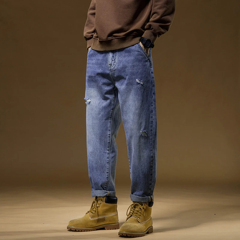 春季新款破洞水洗牛仔裤男款美式复古潮牌男装宽松休闲直筒裤子男