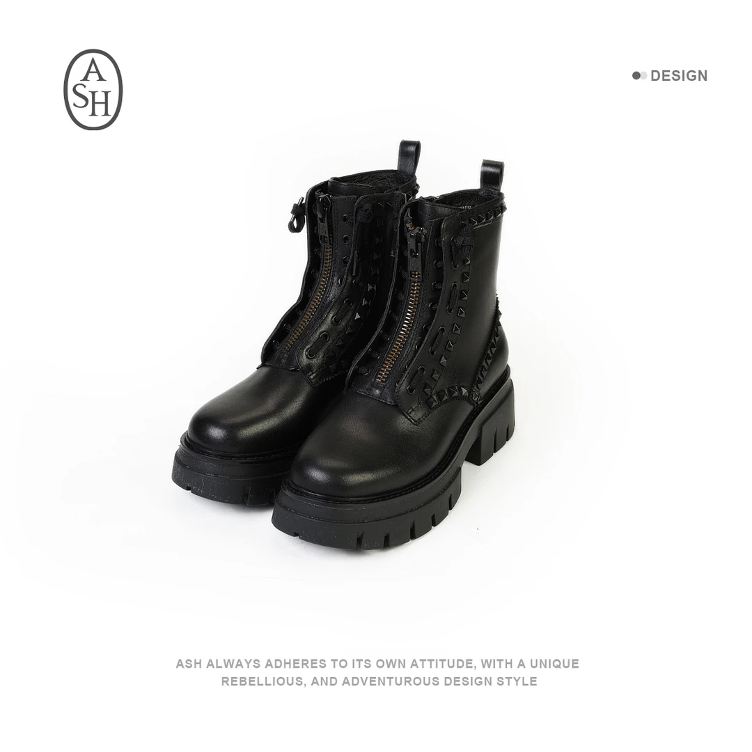 ASH  复古中筒真皮短靴马丁靴时尚拉链厚底增高切尔西靴22031