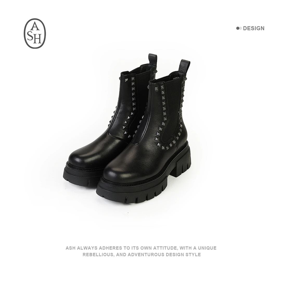 ASH 时尚黑色新款靴子百搭厚底中筒靴潮流圆头真皮女鞋22027