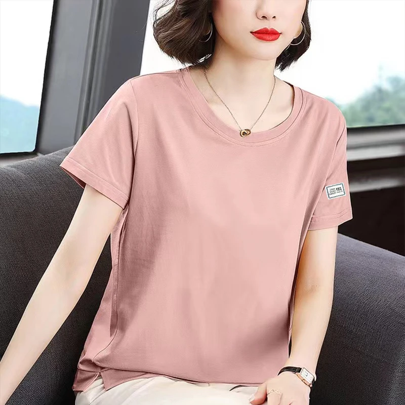 高品质棉开叉短袖t恤女夏季新款胖MM宽松显瘦百搭大码打底上衣潮