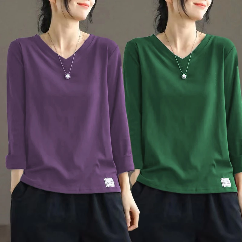 春秋季纯棉时尚长袖v领t恤女大码宽松显瘦百搭洋气休闲打底衫上衣