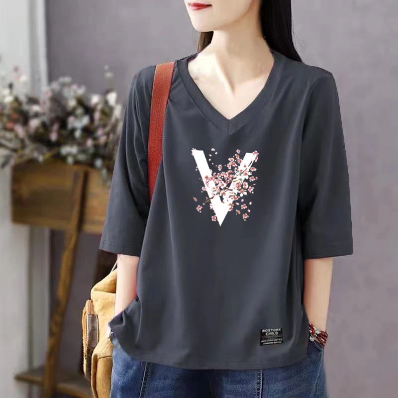 高品质棉夏季大码时尚v领短袖t恤胖MM半袖女宽松显瘦休闲百搭上衣