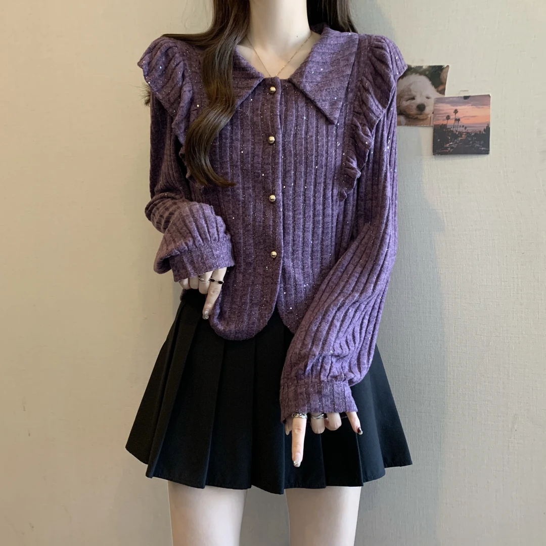 大码女装遮肉显瘦正肩长袖衬衫秋冬胖MM短款别致亮片荷叶边打底衫