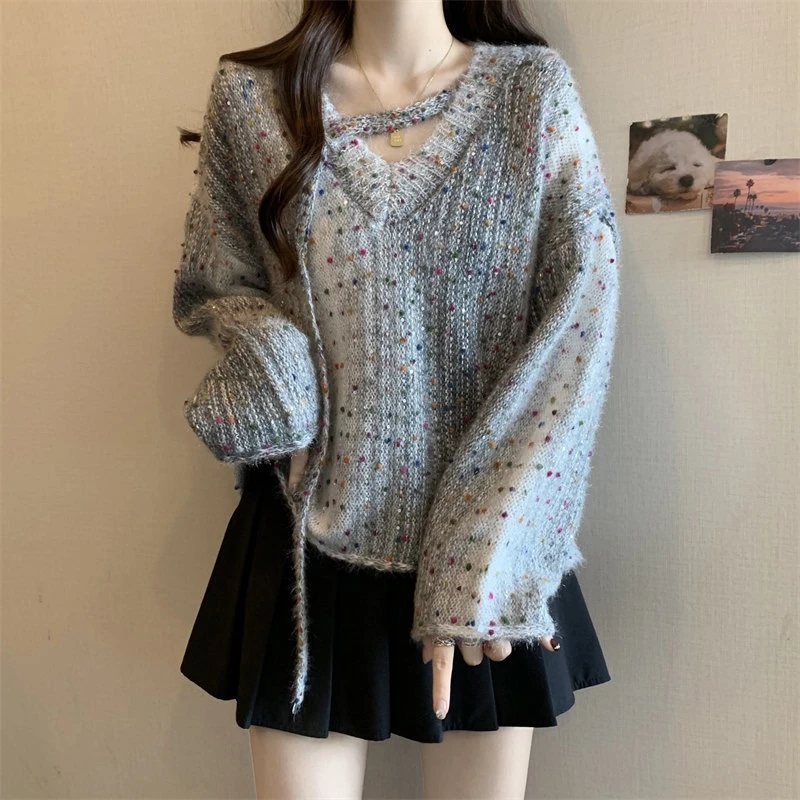 大码女装彩色波点宽松慵懒风针织衫秋冬胖MM遮肚显瘦洋气外穿毛衣