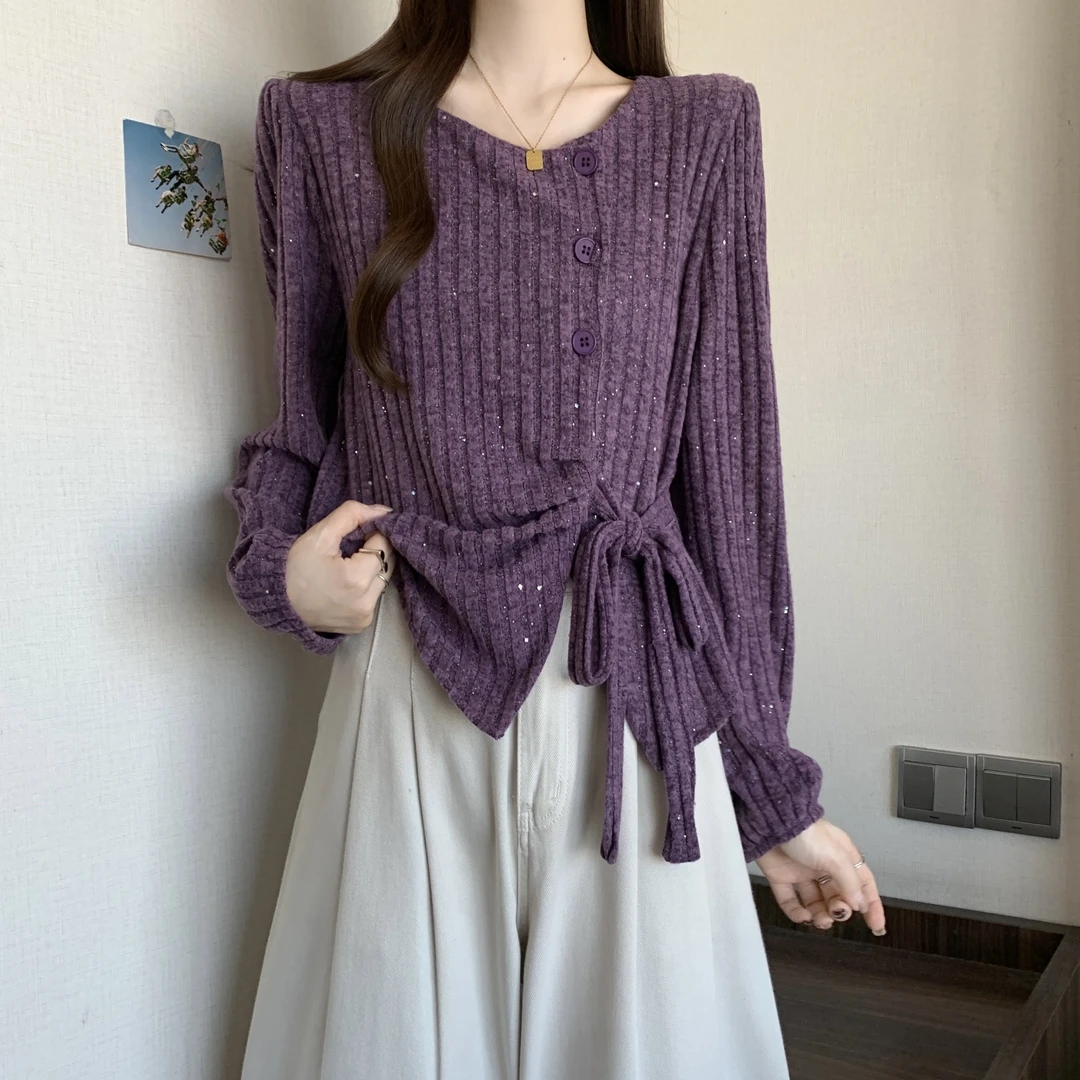 大码女装遮肚子显瘦正肩亮片衬衫秋冬胖MM不规则系带打底衫上衣女