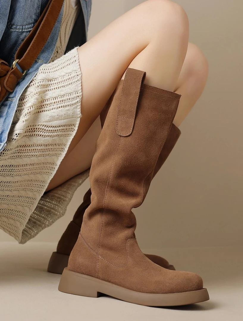 【现货】秋冬显瘦堆堆靴2024新款小个子长筒靴棕色美拉德风骑士靴女