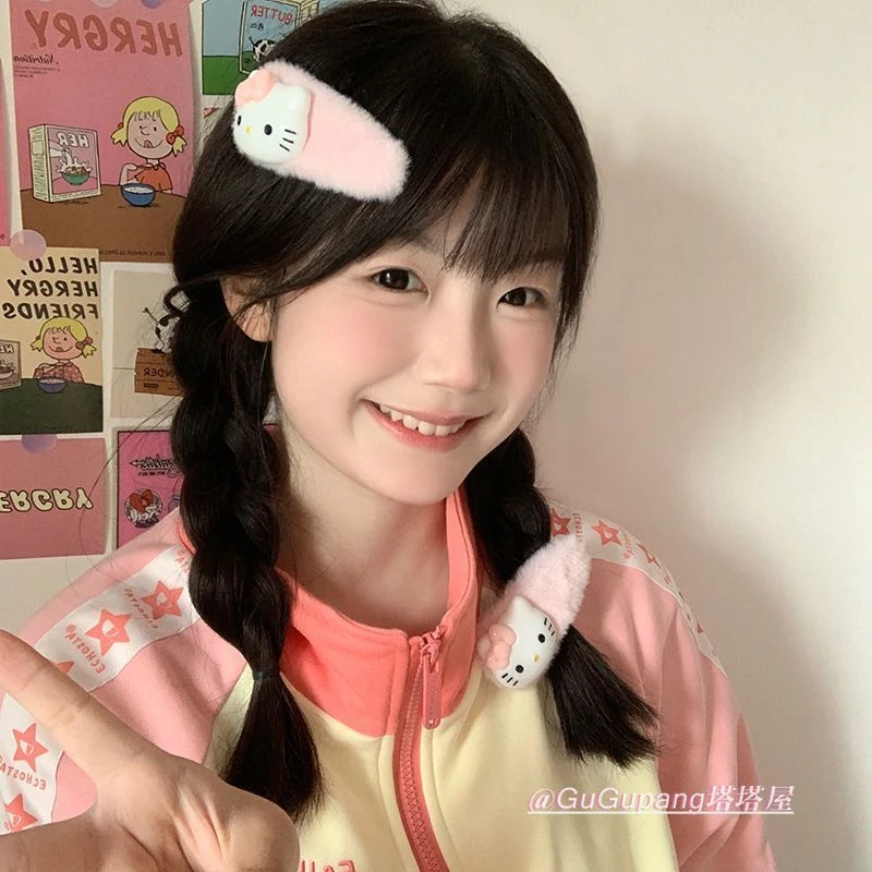 三丽鸥可爱毛绒发夹Sanrio秋冬新款Kitty猫库洛米bb夹毛茸刘海夹