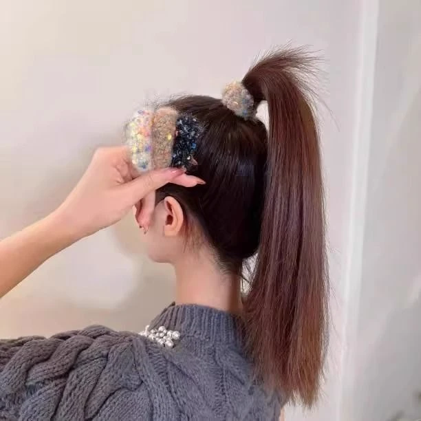 韩系秋冬彩色高弹力发圈高马尾毛绒加粗发绳发饰橡皮筋头饰