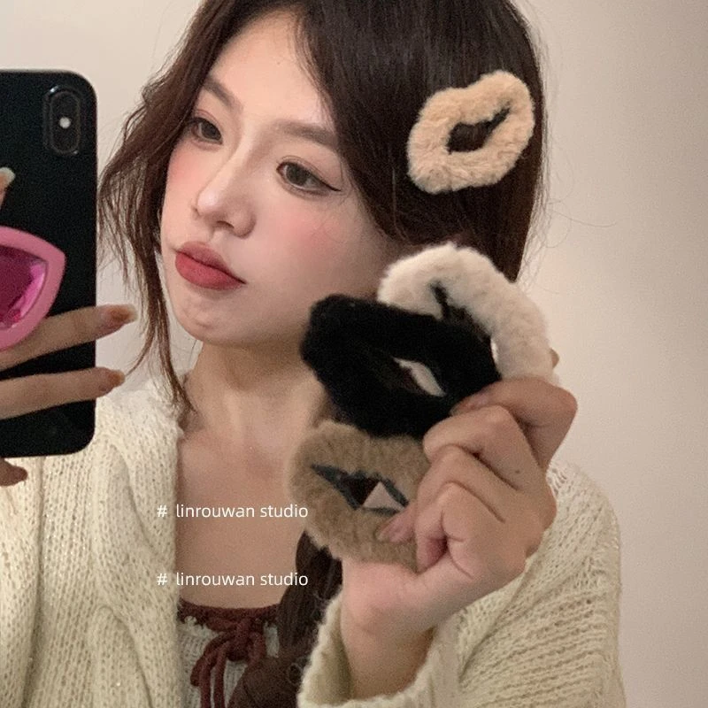 新款甜美秋冬毛绒云朵碎发bb夹女后脑勺优雅气质刘海侧边夹头饰