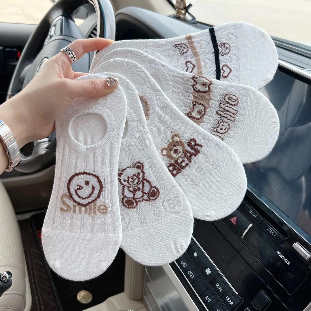 夏季女袜船袜薄棉透气吸汗不掉跟简约百搭ins女超薄透气小熊船袜