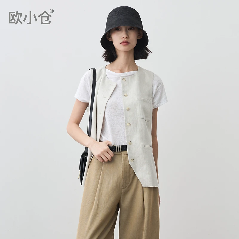 欧小仓巴斯克系列 天丝醋酸圆领西装马甲叠穿马夹中长款背心12011