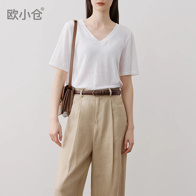 欧小仓国风麻系列ins轻薄垂感V领T恤舒爽不粘腻亚麻短袖体恤 6097