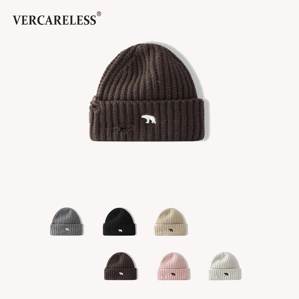 男女同款街头破洞短款毛线帽冬季保暖韩版北极熊刺绣针织帽地主帽