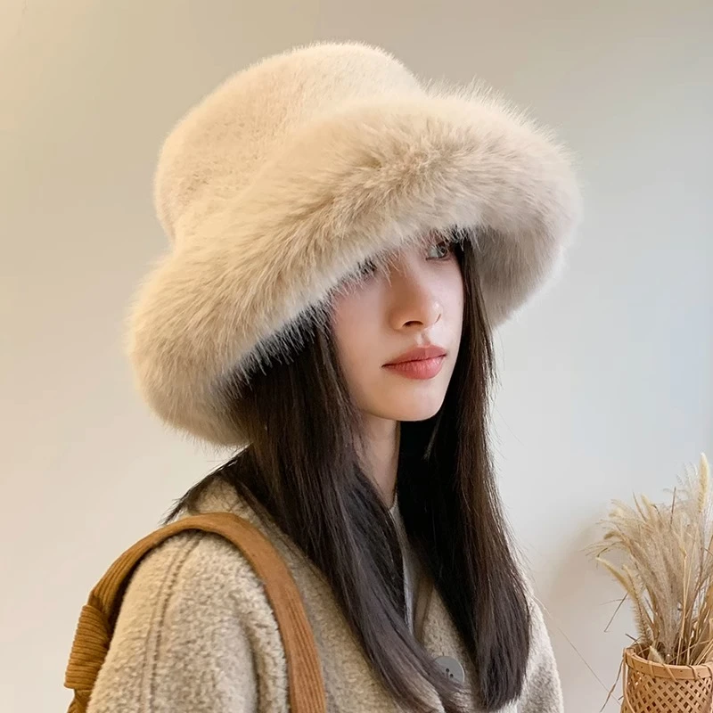 毛茸茸渔夫帽子女秋冬天盆帽毛绒加绒加厚保暖日系百搭显脸小