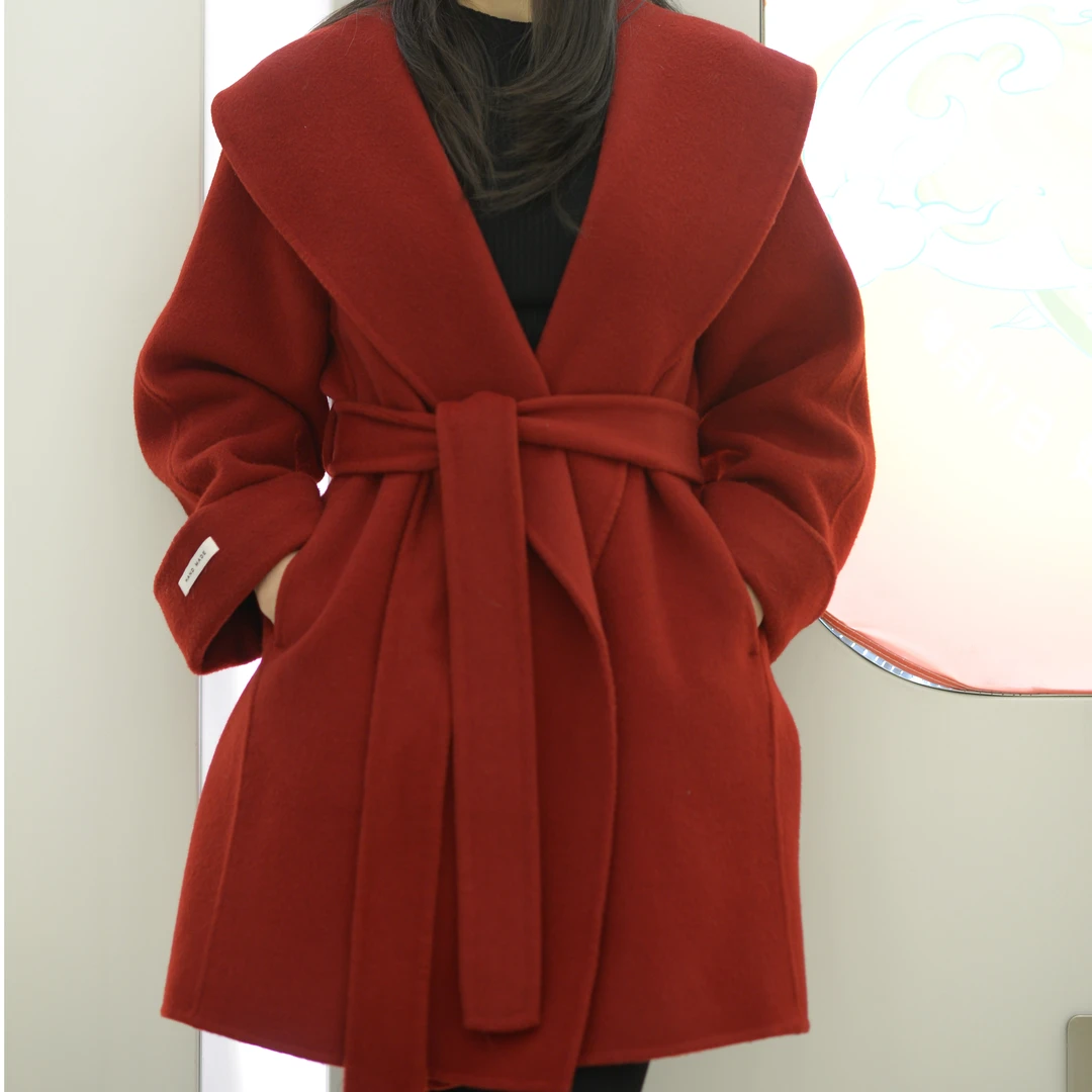 双面呢大衣女士百搭翻领秋冬羊毛中长款设计师女系带洋气时尚大衣