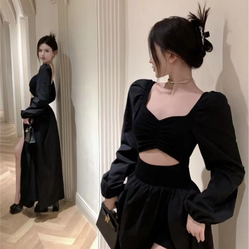 黑色方领开叉连衣裙法式小众设计长款裙子