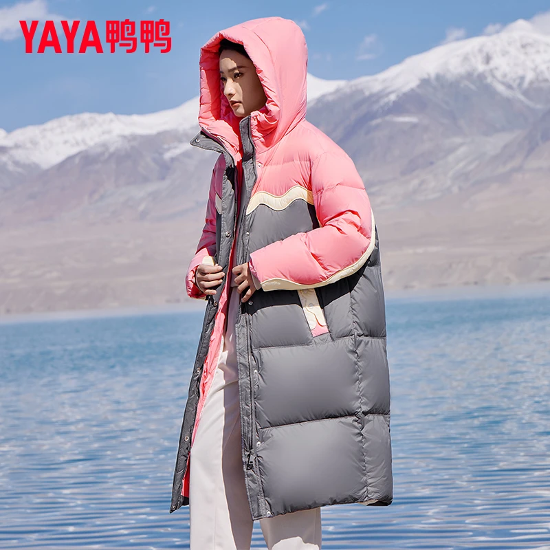 YAYA/鸭鸭冬装过膝加厚拼接连帽保暖时尚羽绒服外套 YE3B628436A