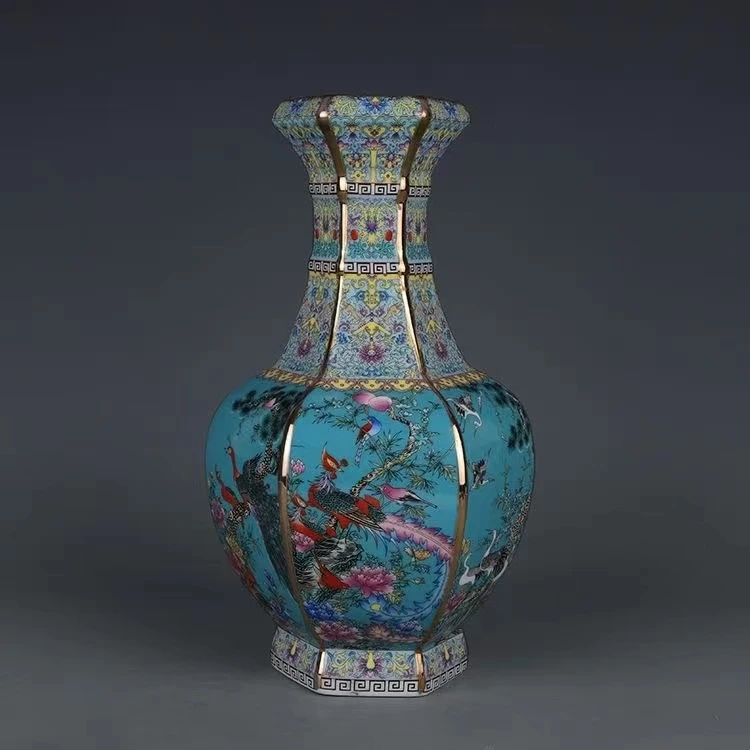 天空蓝六方花鸟陶瓷镶器