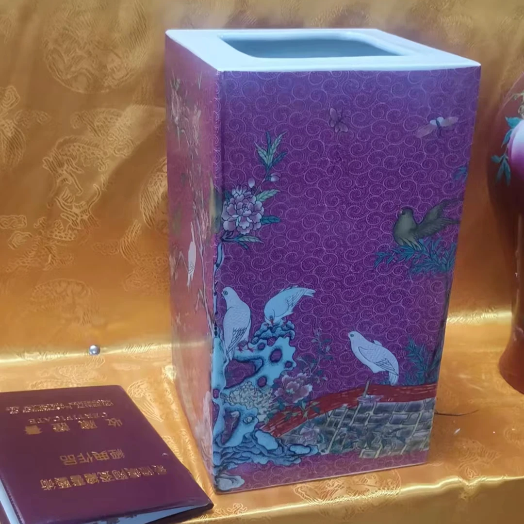 景德镇四方花鸟胭脂红陶瓷彩绘