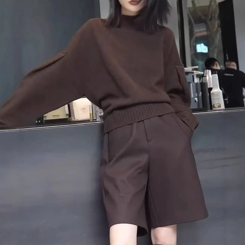 新款高级感气质简约百搭半高领宽松上衣休闲潮五分裤女装3116