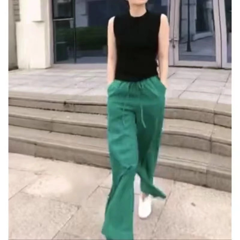 新款百搭洋气简约显瘦无袖背心上衣气质直筒休闲阔腿裤女装T2239