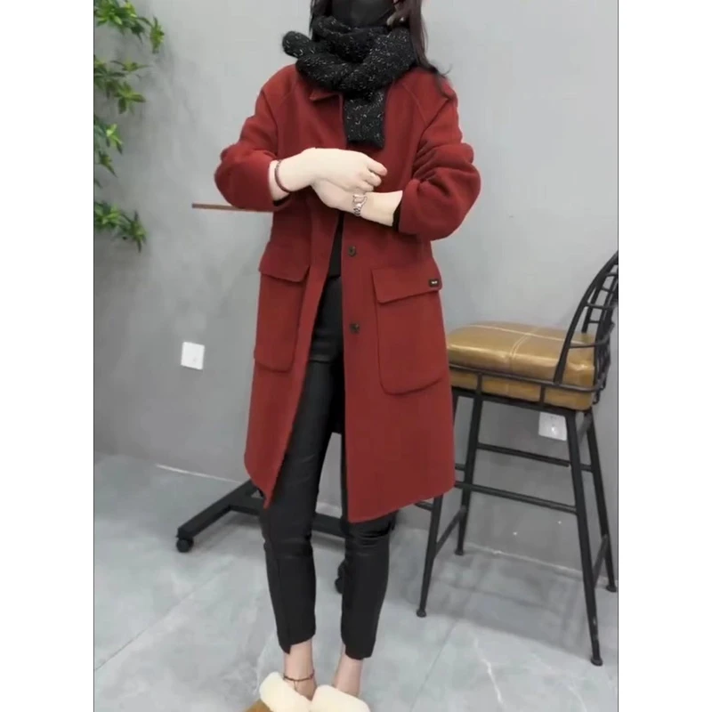 新款时尚洋气显瘦休闲百搭气质翻领宽松外套女女士中长款毛呢外套