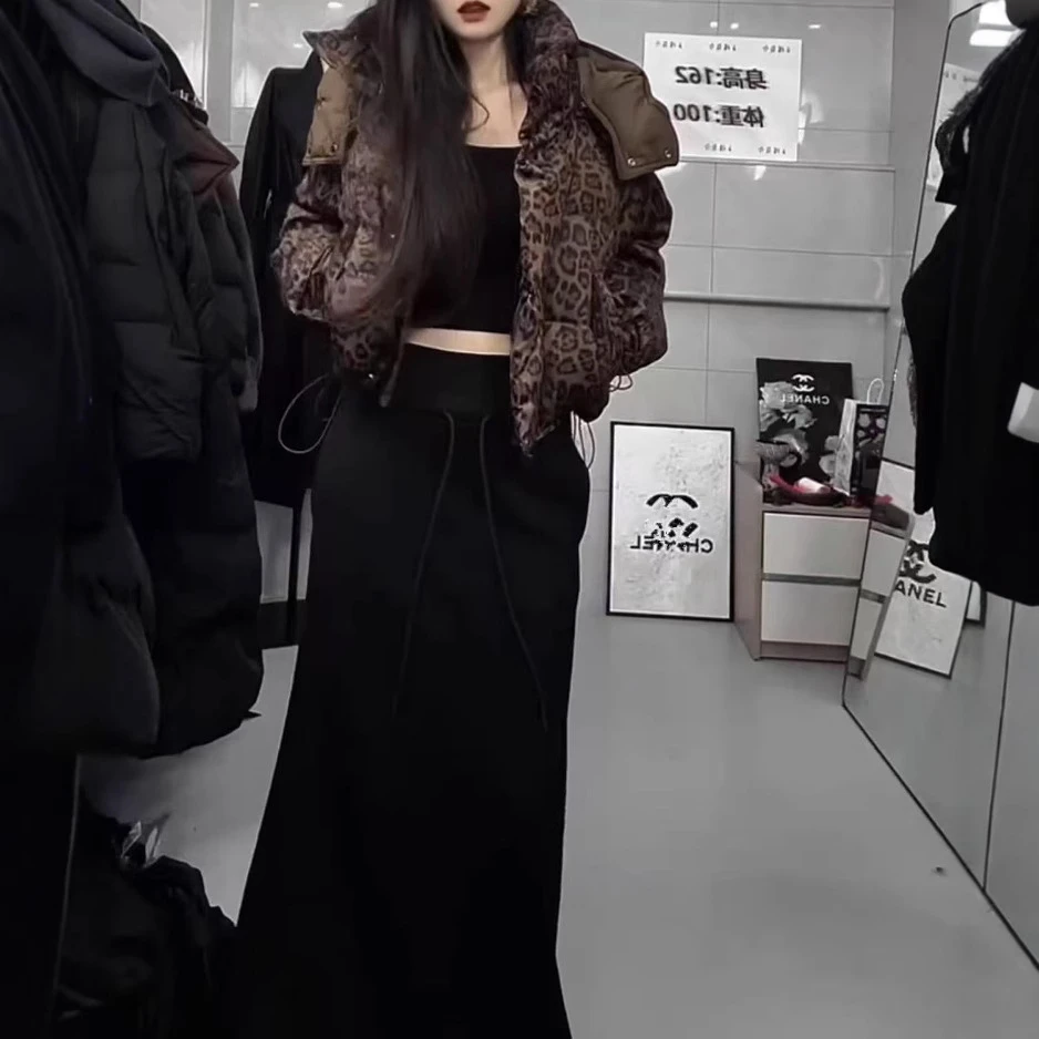 新款豹纹时尚连帽宽松加厚棉服外套显瘦气质半身长裙女装3173
