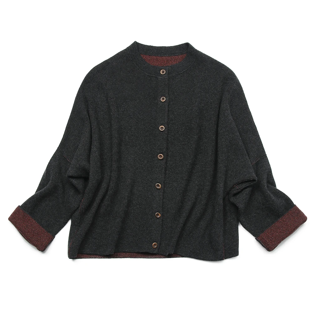 YBN~双面羊绒圆领蝙蝠袖女士开衫外套  宽松显瘦/双色双穿