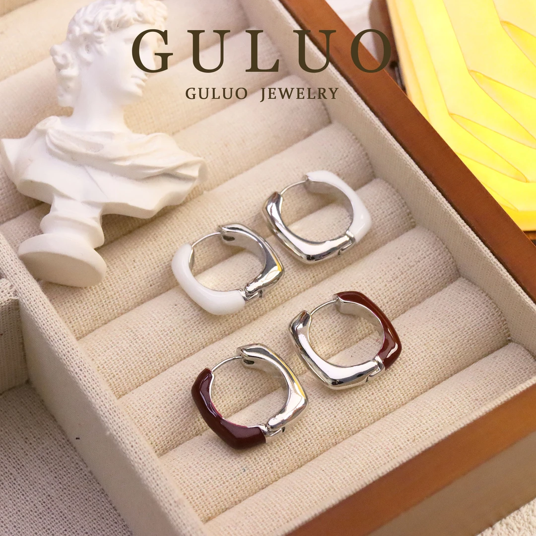 合金耳饰 方形红色白色低釉耳钉INS简约耳钉