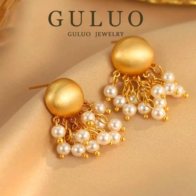 合金仿珍珠耳饰 【金色水母】拉丝流苏耳钉新中式耳环小众百搭耳饰