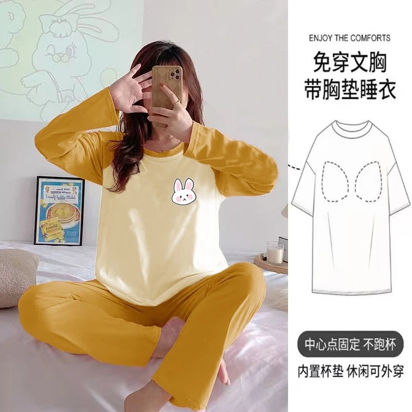 100%双面纯棉带胸垫睡衣女春秋长袖全棉可外穿套装休闲加厚家居服