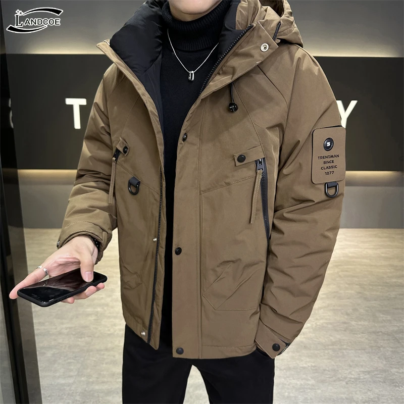 LANDCOE冬款羽绒服连帽户外工装短款男士冲锋衣防水防风厚外套