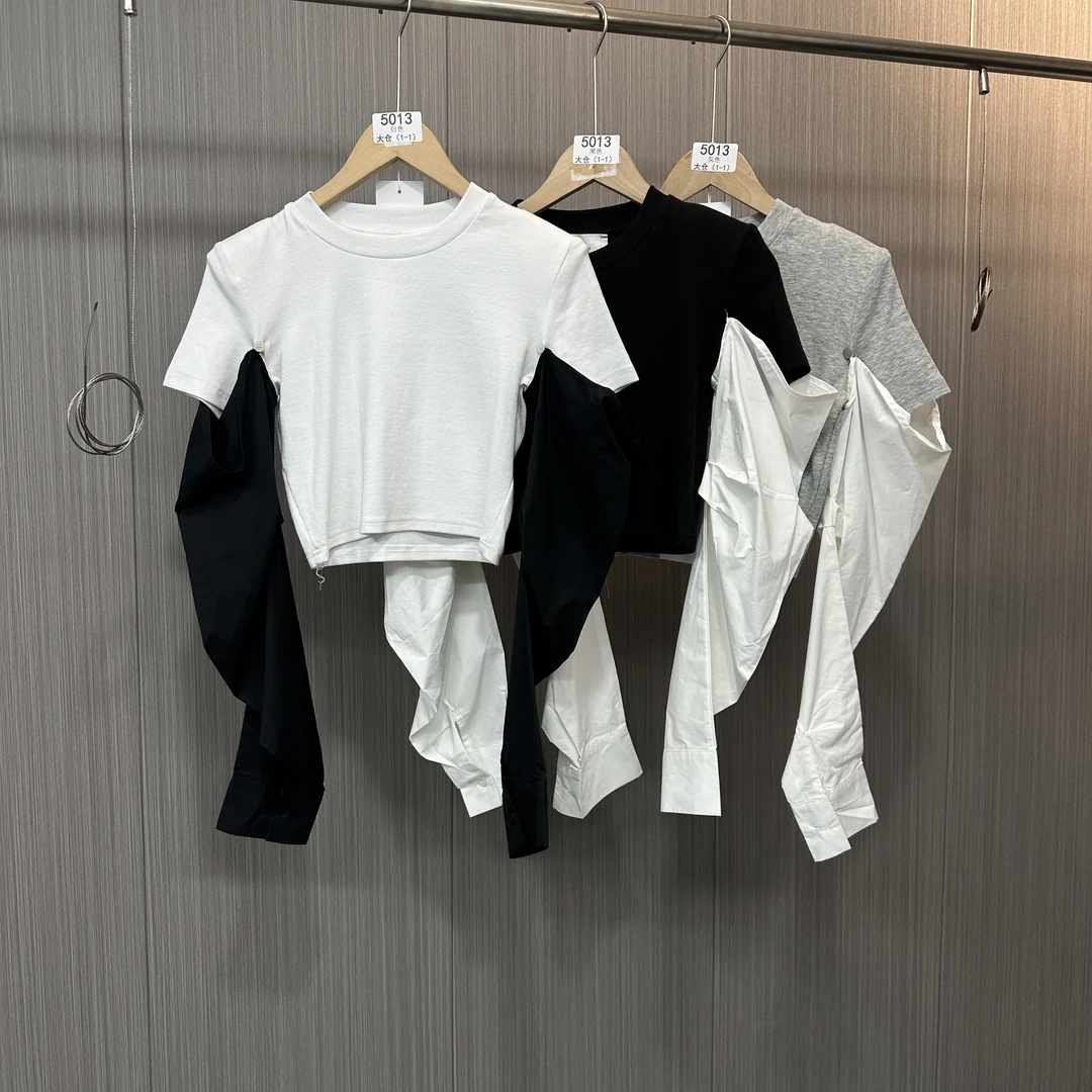 设计感撞色拼接可拆卸短款长袖上衣AY-5013