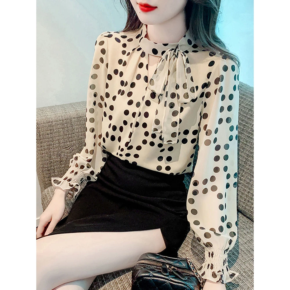 法式蝴蝶结飘带衬衫女士洋气减龄波点雪纺衫上衣2023秋装新款小衫