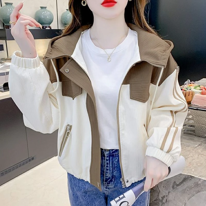 撞色短款棒球服女ins潮外穿上档次连帽外套外搭夹克2023秋冬棉服