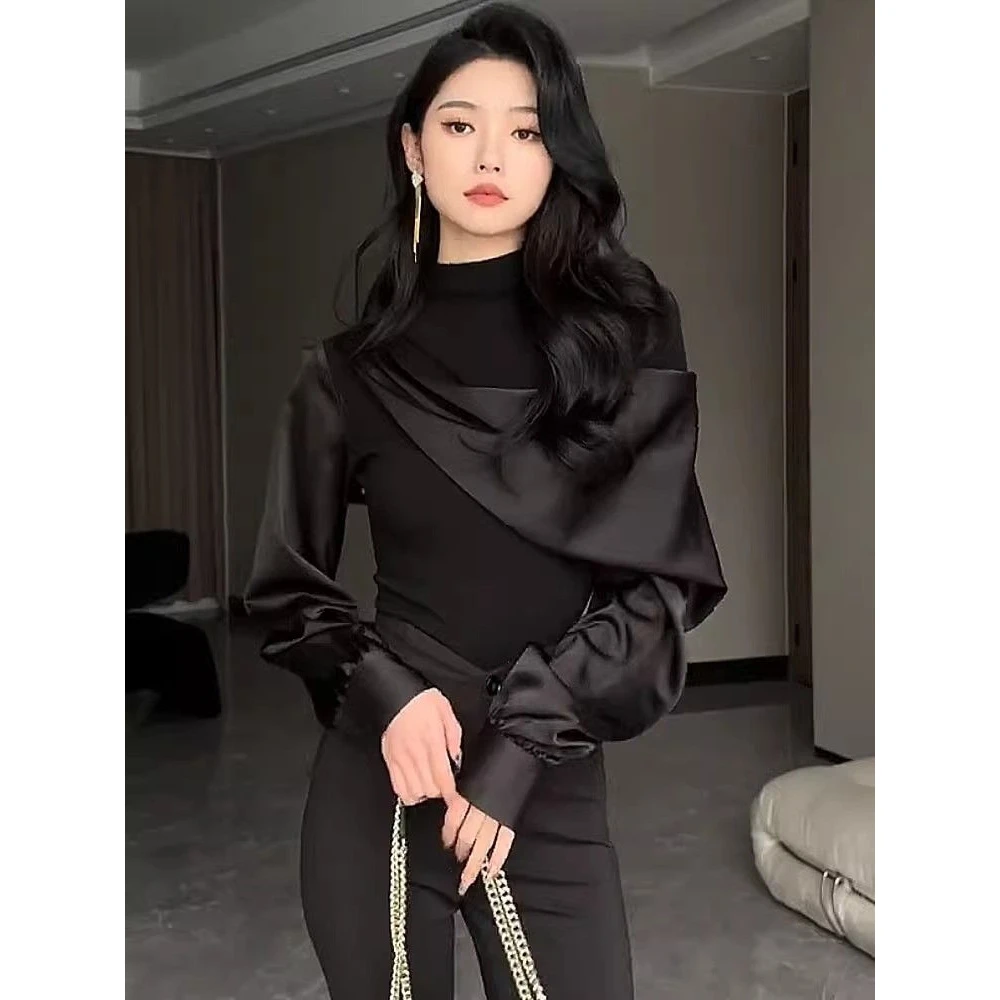 法式复古假两件拼接高领长袖衬衫女2024春季新款高级感气质上衣潮