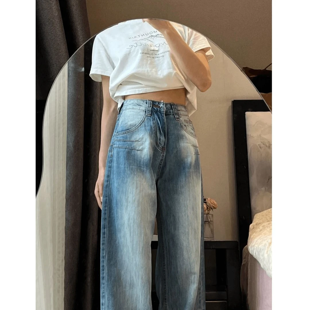 大码美水洗磨白压褶牛仔裤女秋季设计感高腰直筒宽松阔腿长裤子潮
