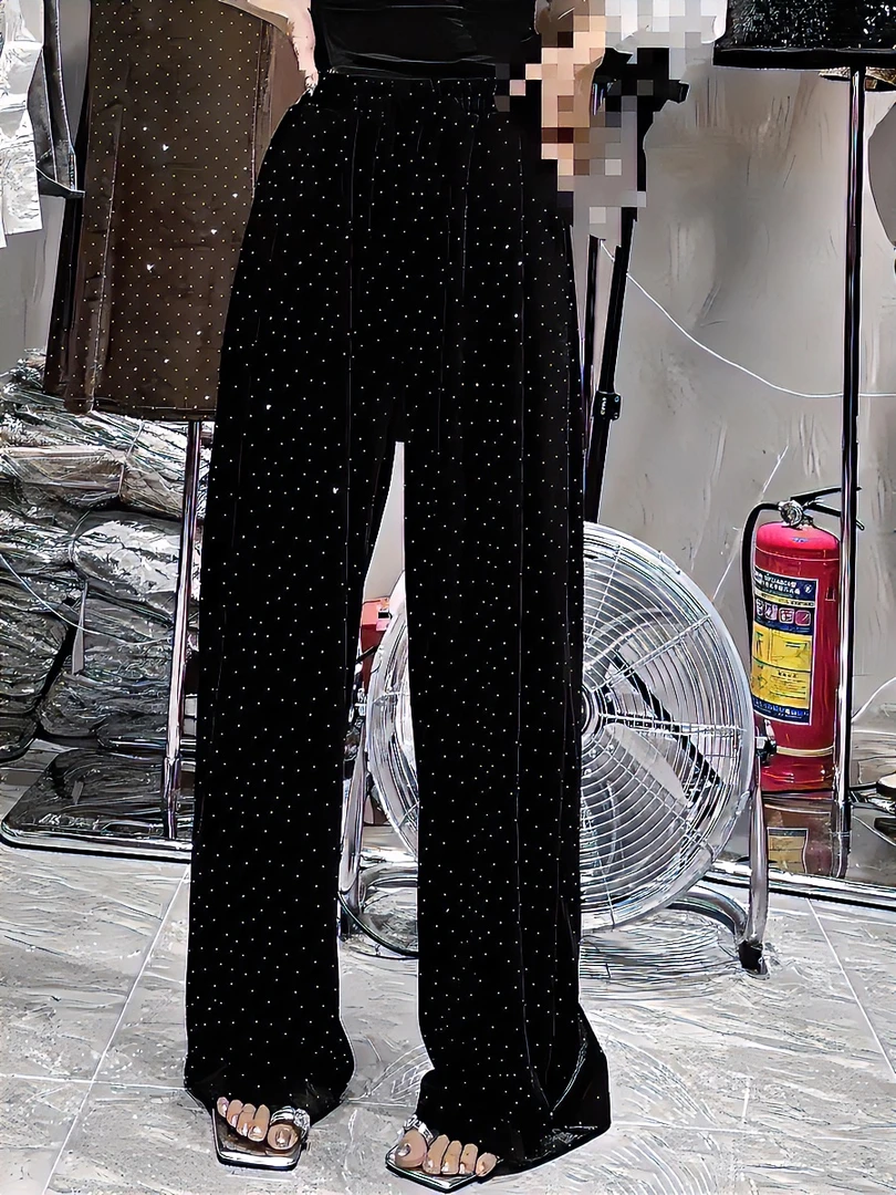 时尚重工黑色显瘦烫钻丝绒阔腿时尚拖地裤女秋冬垂坠感无兜直筒裤