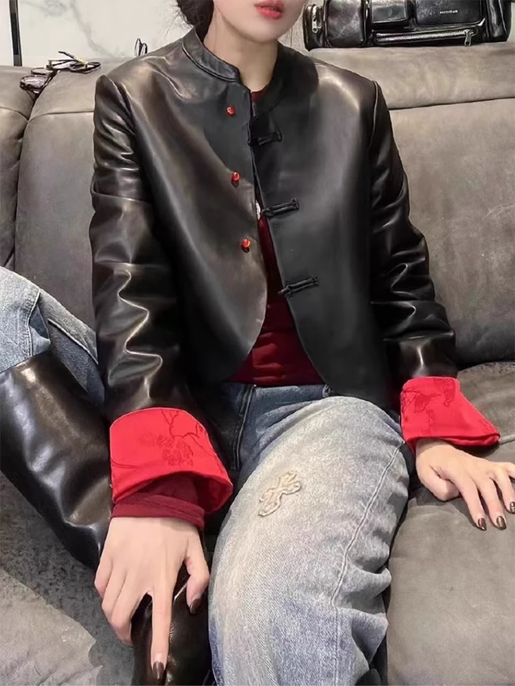 新中式pu皮外套女高级感2024春秋新款宽松盘扣皮衣中国风西服上衣