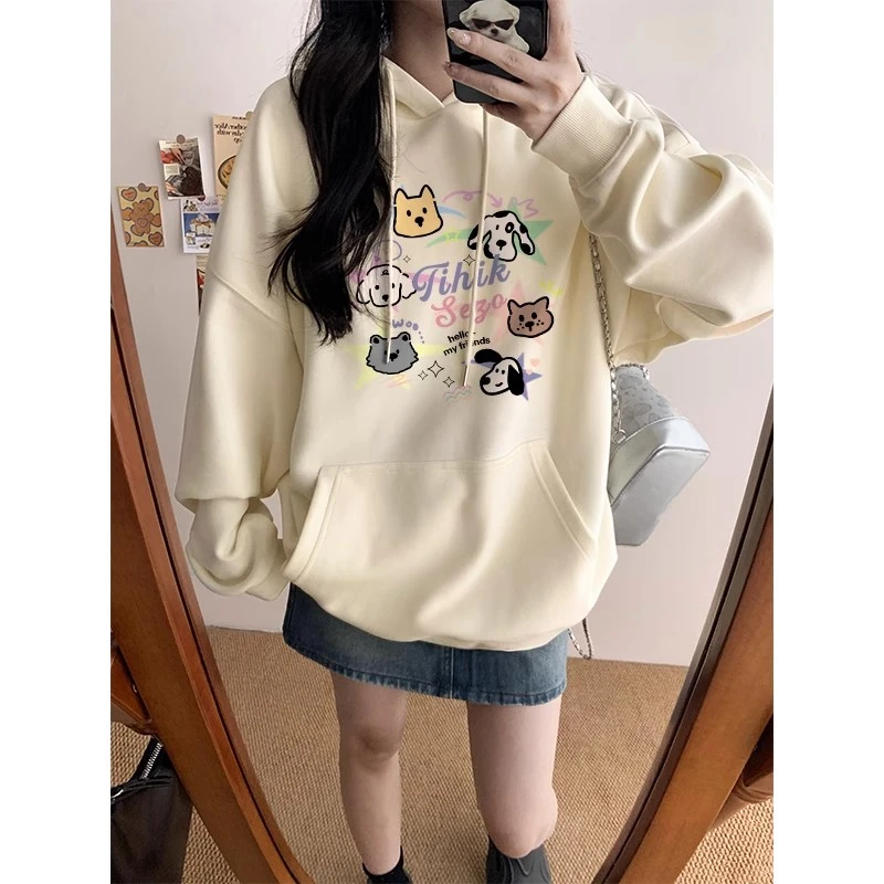 韩系甜美减龄系卡通薄款连帽卫衣女秋冬季宽松加绒纯棉上衣学院风