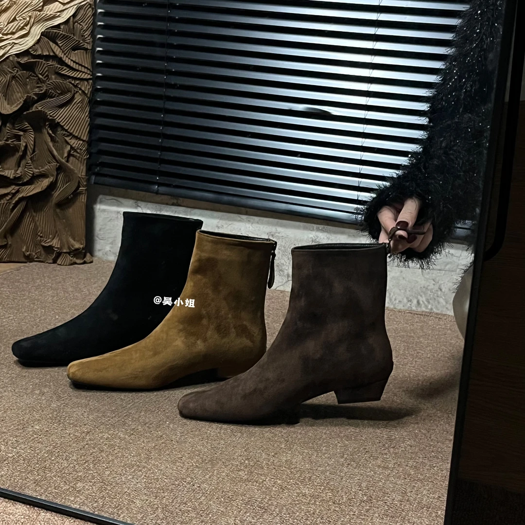 2024秋冬新款韩版粗跟方头短靴网红后拉链时尚百搭显瘦棕色短筒靴